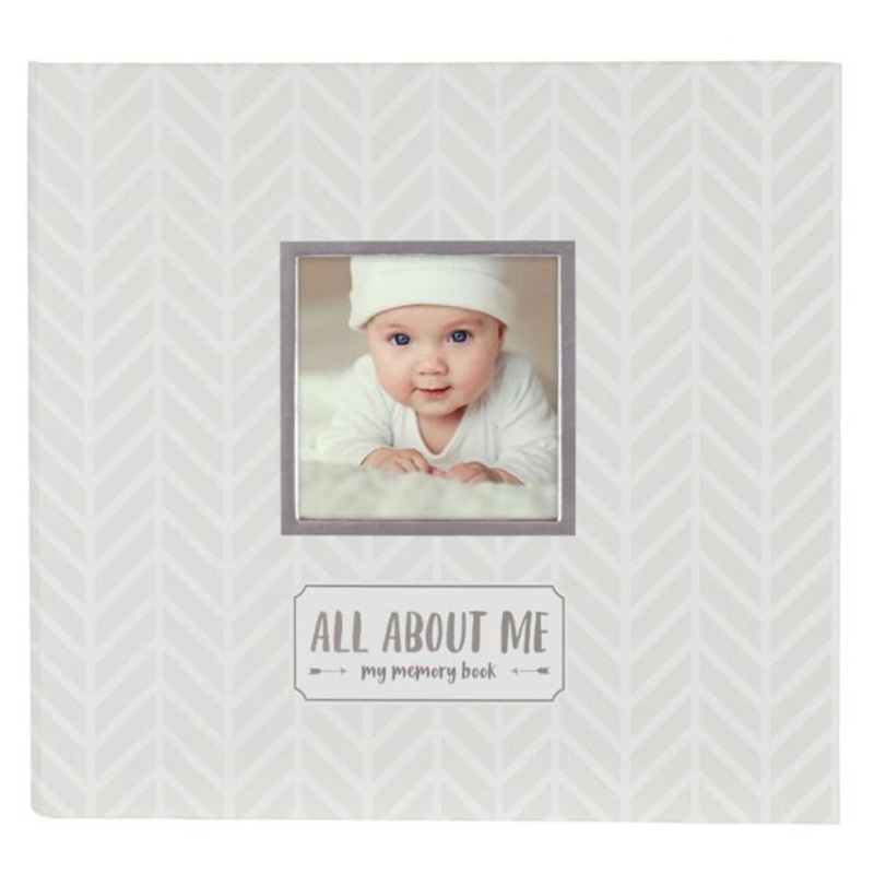*Pearhead “All About Me” Herringbone Baby Memory Book & Sticker Set – White/Grey