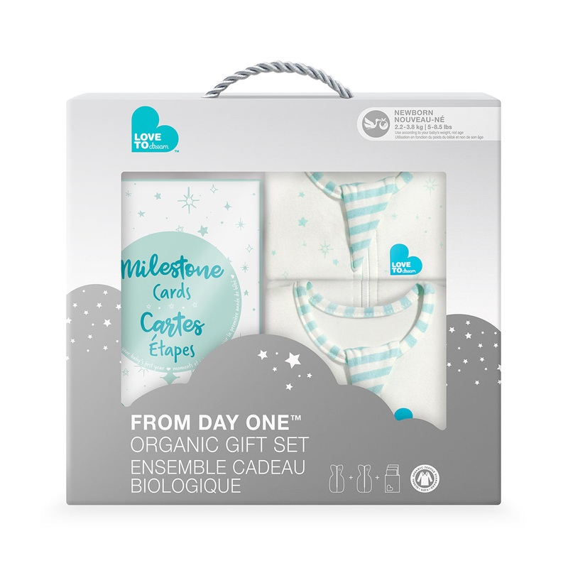 Love to Dream Gift Set – 2 Organic Newborn Swaddles + Milestone Cards