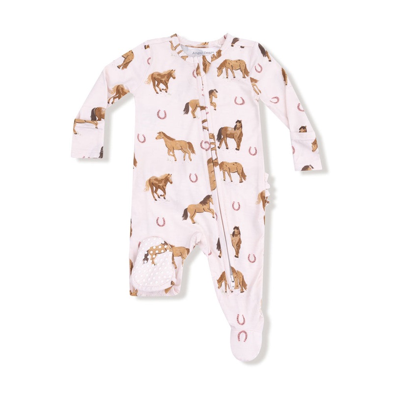 Angel Dear 2-Way Zipper Ruffle Back Footie – Pink Horses Newborn