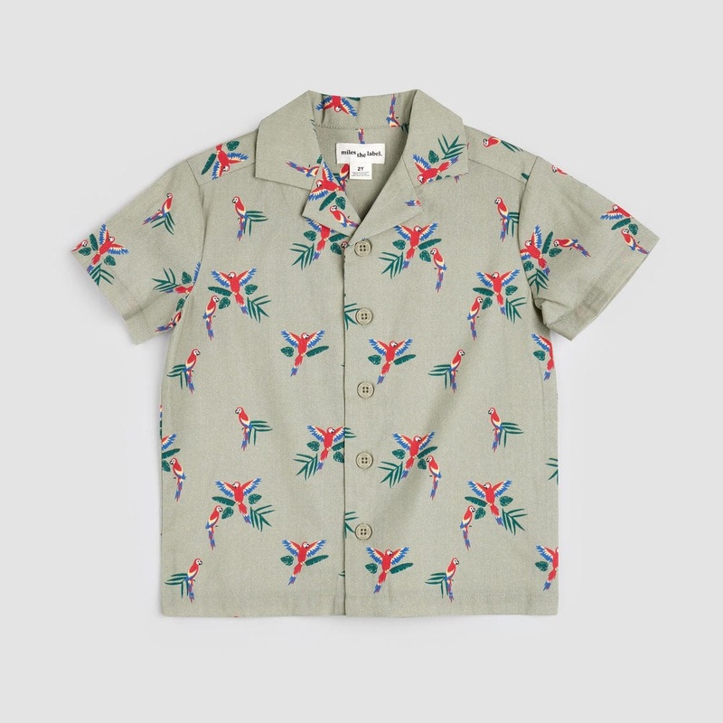 Miles The Label Short Sleeve Shirt – Red Macaw On Green Dusty 10 GREEN DUSTY