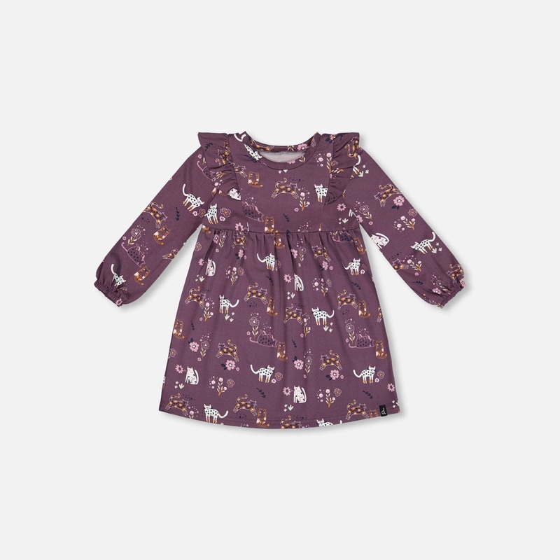 Deux Par Deux Dress With Frills Mauve Printed Cats 4 PRINTED CAT