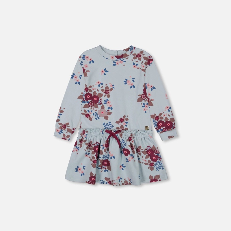 Deux Par Deux Fleece Dress Light Blue Printed Big Flowers 2 BIG FLOWERS ON BLUE