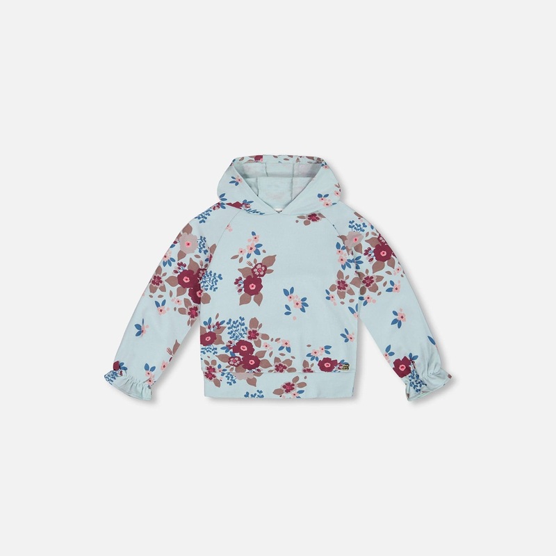 Deux Par Deux Fleece Hoodie Light Blue Printed Big Flowers 4 BIG FLOWERS ON BLUE