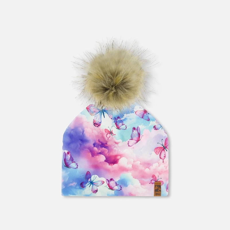 Deux Par Deux Jersey Hat with Pom Pom – Pastel Clouds 6-24M PASTEL CLOUDS
