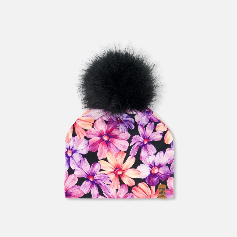 Deux Par Deux Jersey Hat with Pom Pom – Watercolor Flowers 6-24M WATERCOLOUR FLOWERS