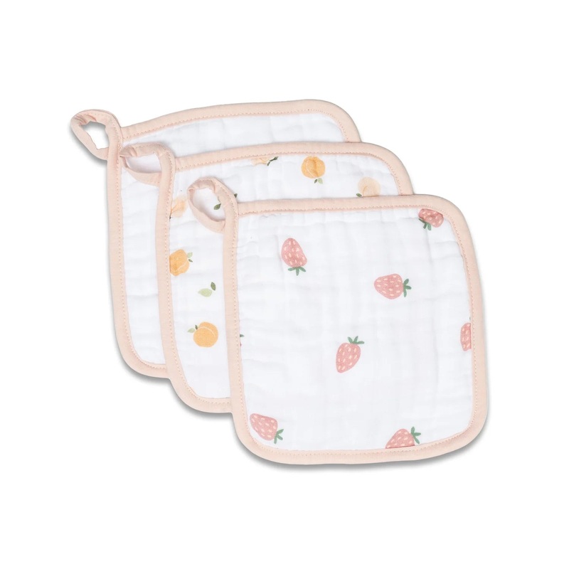Lulujo 3 Pack Muslin Washcloth Peaches/ White/ Strawberry