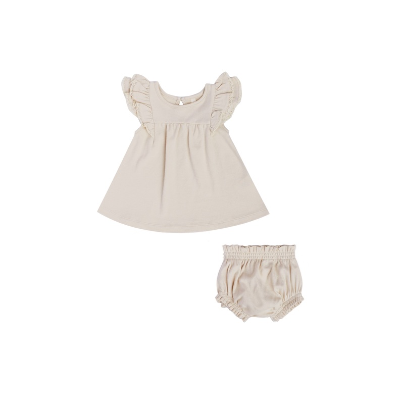 Quincy Mae Flutter Dress + Bloomer – Natural 0-3m
