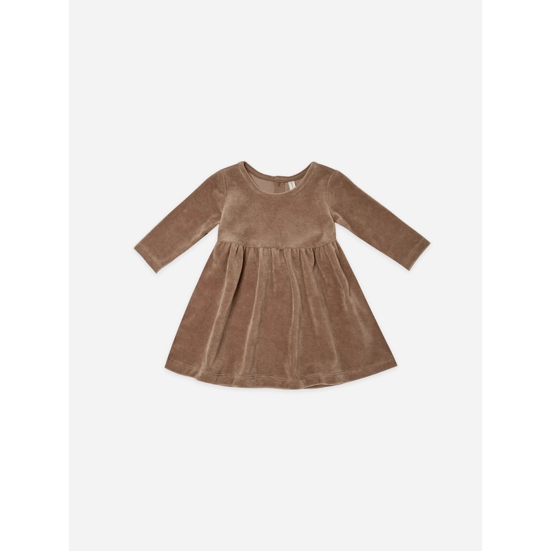 Quincy Mae Cocoa Velour Long Sleeve Dress 2-3y