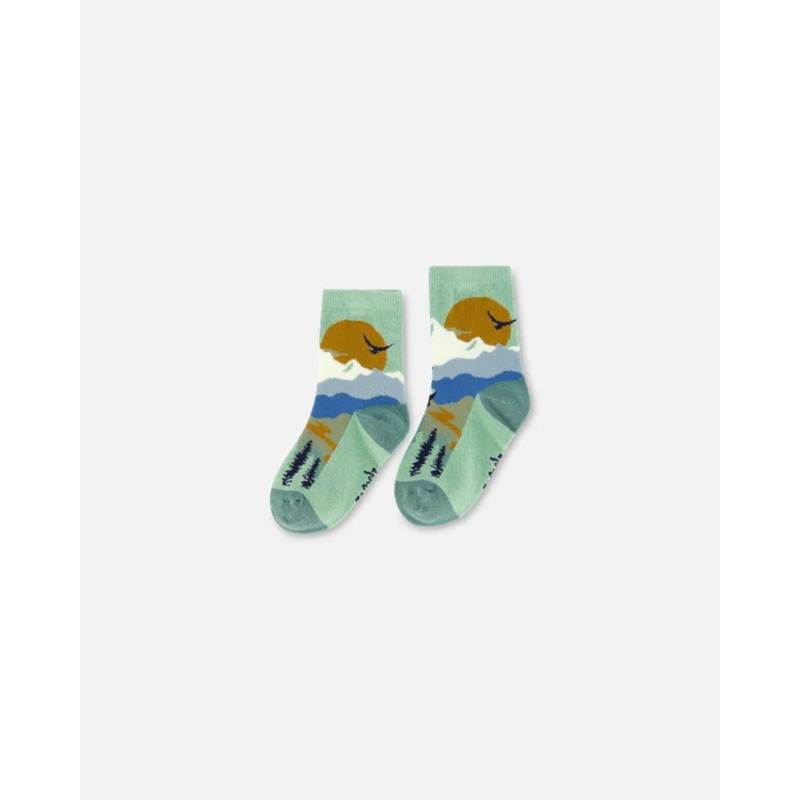 Deux Par Deux Socks Jadeite – Sage with Landscape 3/4