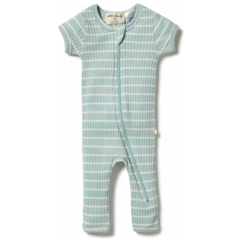 Organic Stripe Rib Zipsuit – Pistachio / Ecru 000